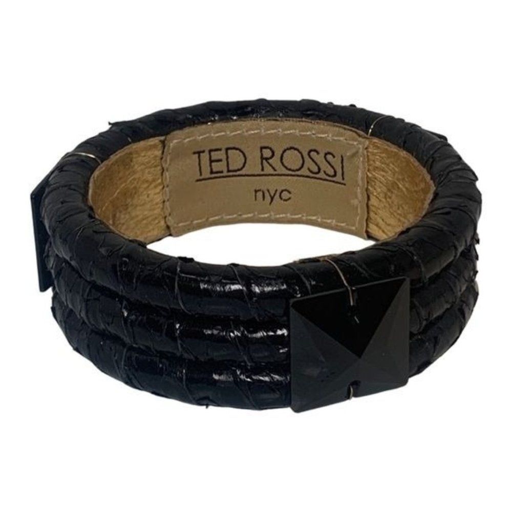 Ted Rossi NYC Black Gold Wrapped Leather Faceted Big Bead Statement Bracelet 7.5